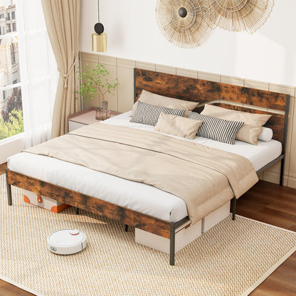 Modern Industrial Bed Frame with Sturdy Metal Slats and Wood Accents, King Size
