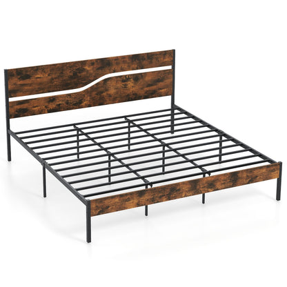 Modern Industrial Bed Frame with Sturdy Metal Slats and Wood Accents, King Size