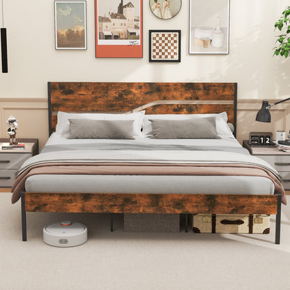 Modern Industrial Bed Frame with Sturdy Metal Slats and Wood Accents, King Size