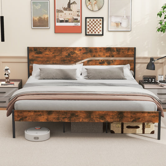 Modern Industrial Bed Frame with Sturdy Metal Slats and Wood Accents, King Size