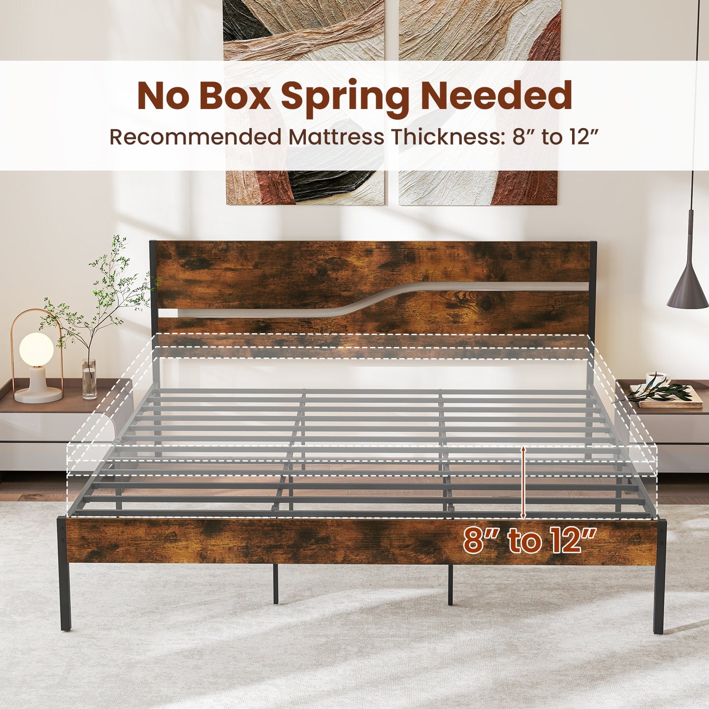 Modern Industrial Bed Frame with Sturdy Metal Slats and Wood Accents, King Size