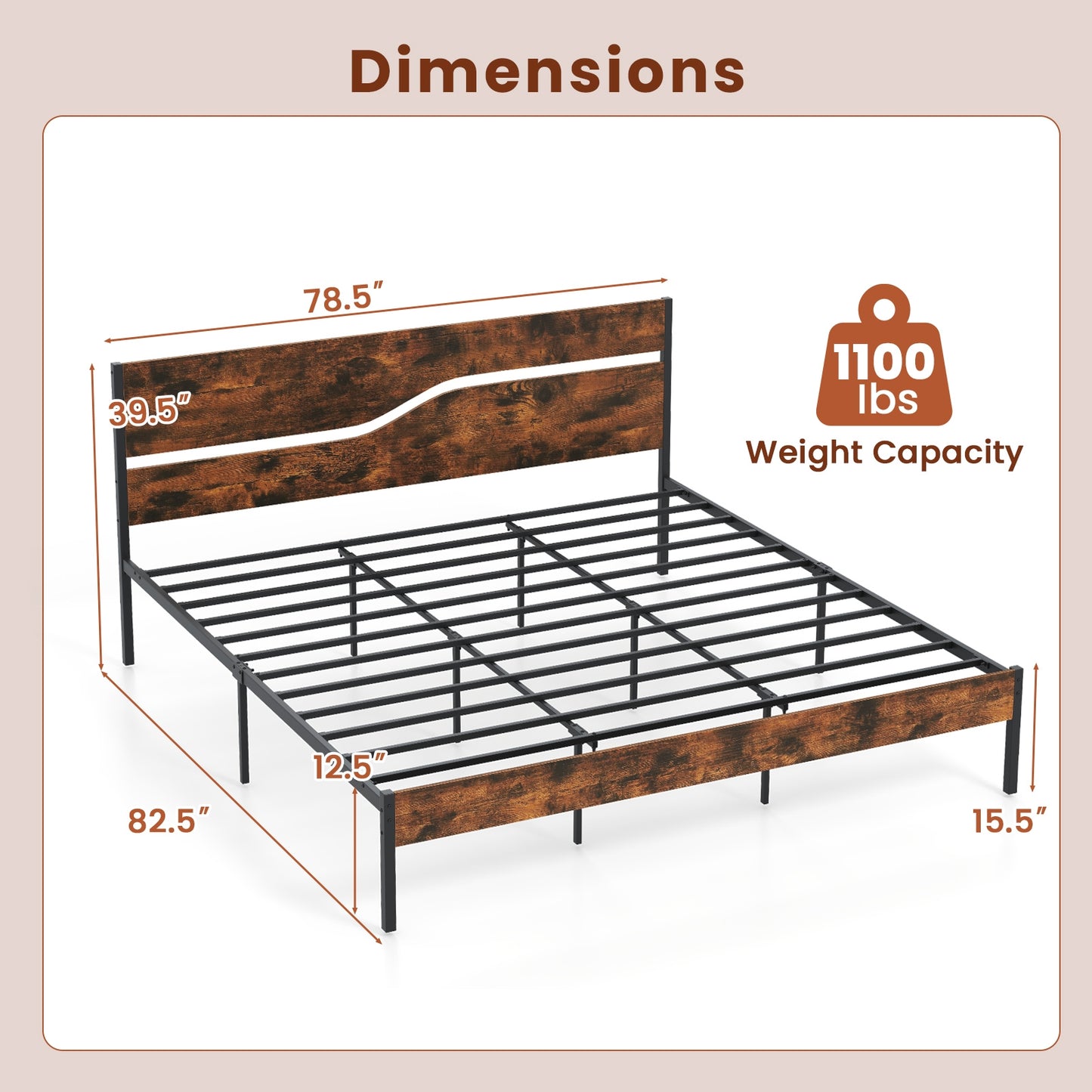 Modern Industrial Bed Frame with Sturdy Metal Slats and Wood Accents, King Size