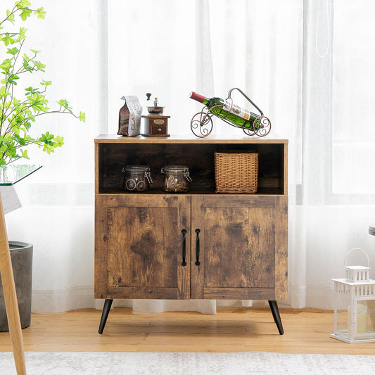 Mid-Century Wooden Storage Cabinet with Wine Glass Holders and Spacious Shelving