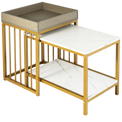 Modern 2-Piece Nesting Coffee Table Set with Faux Marble and Tray Top