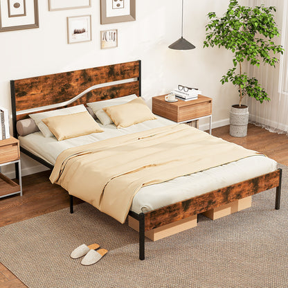 Modern Industrial Bed Frame with Sturdy Metal Slats and Wood Accents, Queen Size