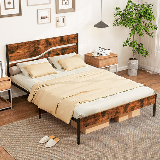 Modern Industrial Bed Frame with Sturdy Metal Slats and Wood Accents, Queen Size