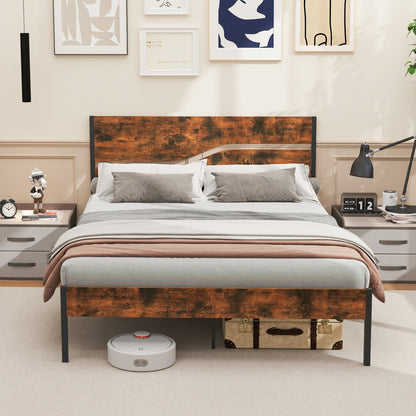 Modern Industrial Bed Frame with Sturdy Metal Slats and Wood Accents, Queen Size