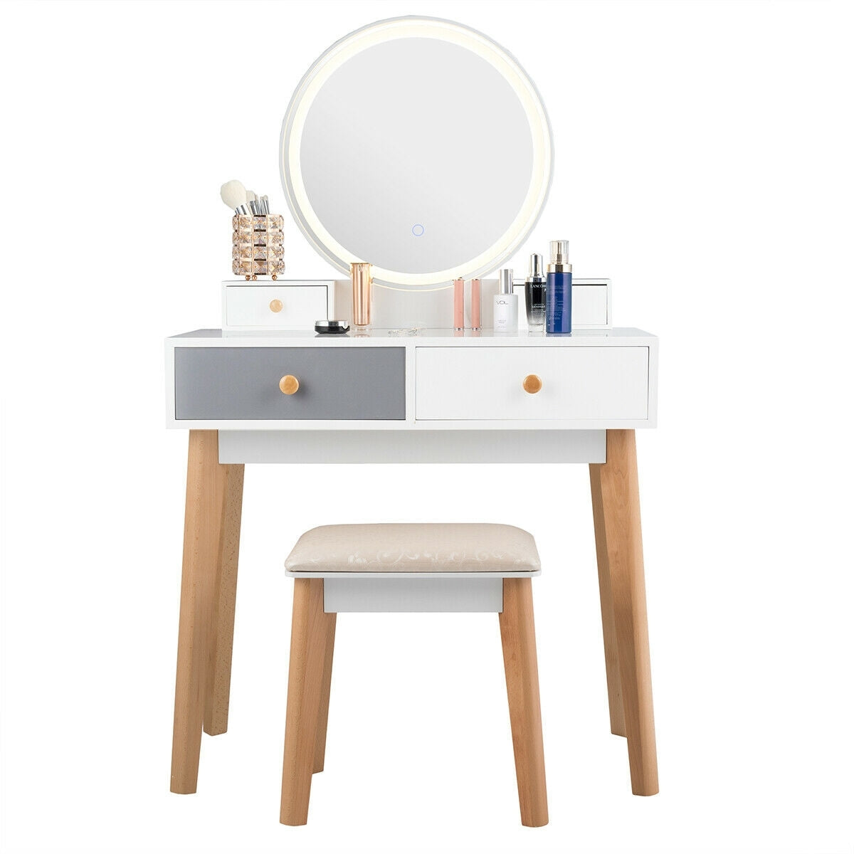Vanity Table with LED Lighted Round Mirror and 4 Storage Drawers