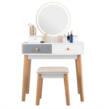 Vanity Table with LED Lighted Round Mirror and 4 Storage Drawers