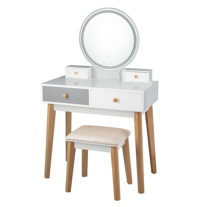 Vanity Table with LED Lighted Round Mirror and 4 Storage Drawers