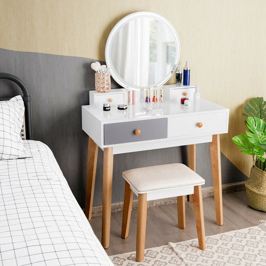 Vanity Table with LED Lighted Round Mirror and 4 Storage Drawers