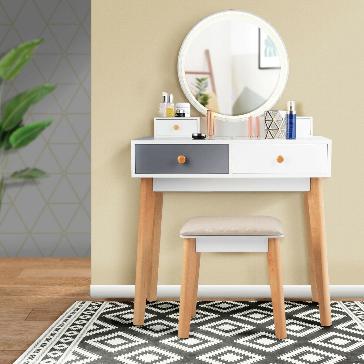 Vanity Table with LED Lighted Round Mirror and 4 Storage Drawers