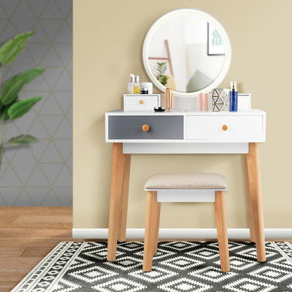 Vanity Table with LED Lighted Round Mirror and 4 Storage Drawers