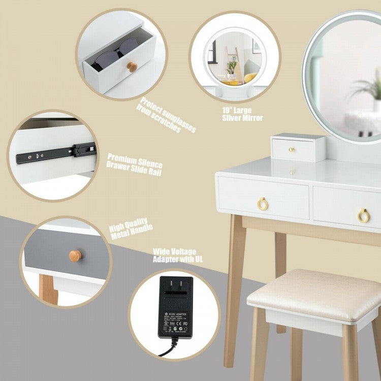 Vanity Table with LED Lighted Round Mirror and 4 Storage Drawers