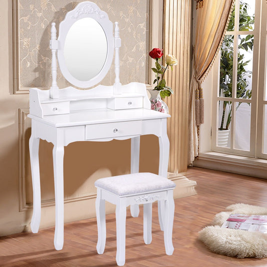 Makeup Vanity Set with 360° Oval Mirror, 3 Storage Drawers, and Cushioned Stool