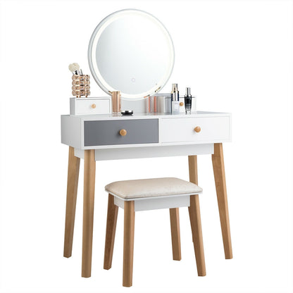 Vanity Table with LED Lighted Round Mirror and 4 Storage Drawers