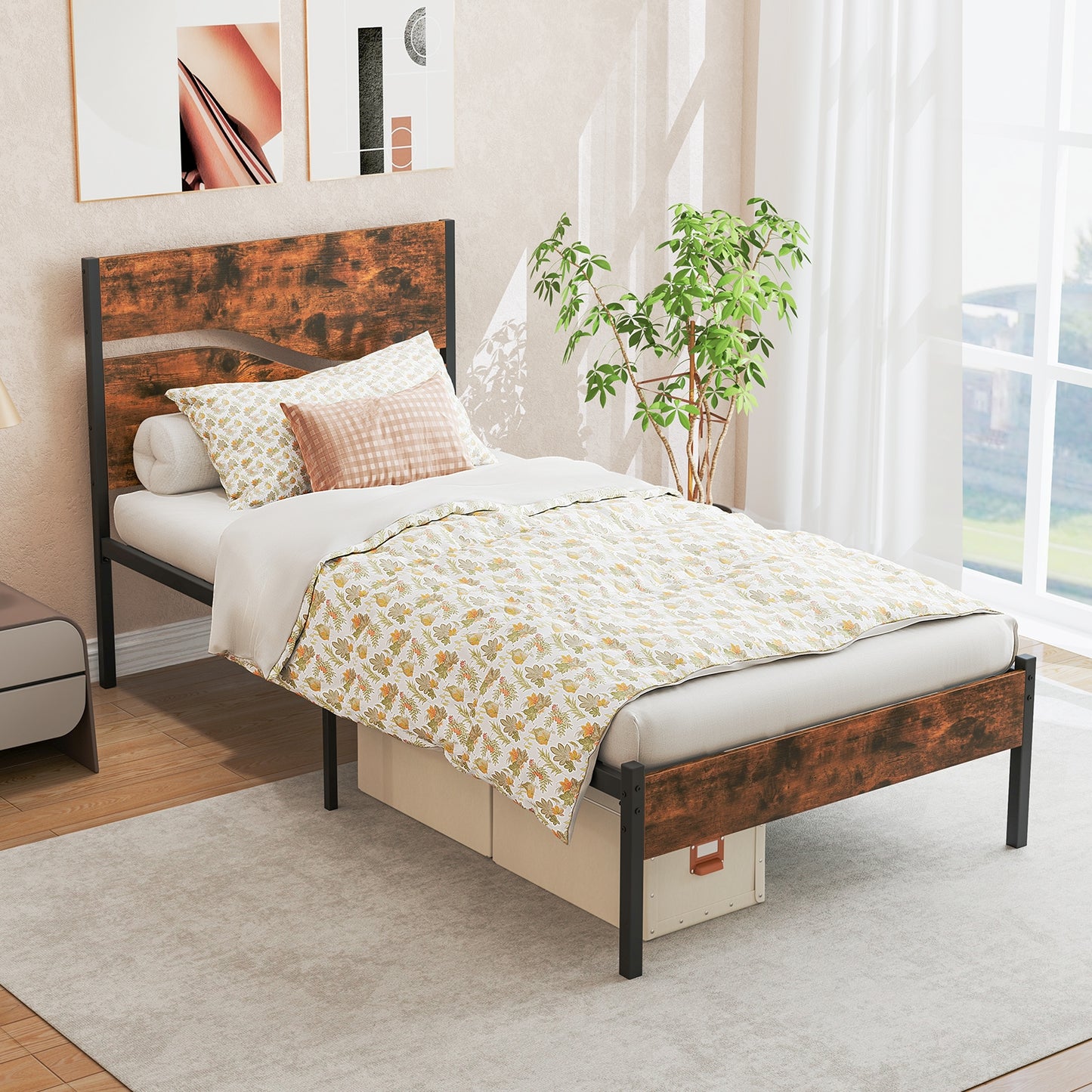 Modern Industrial Bed Frame with Sturdy Metal Slats and Wood Accents, Twin Size