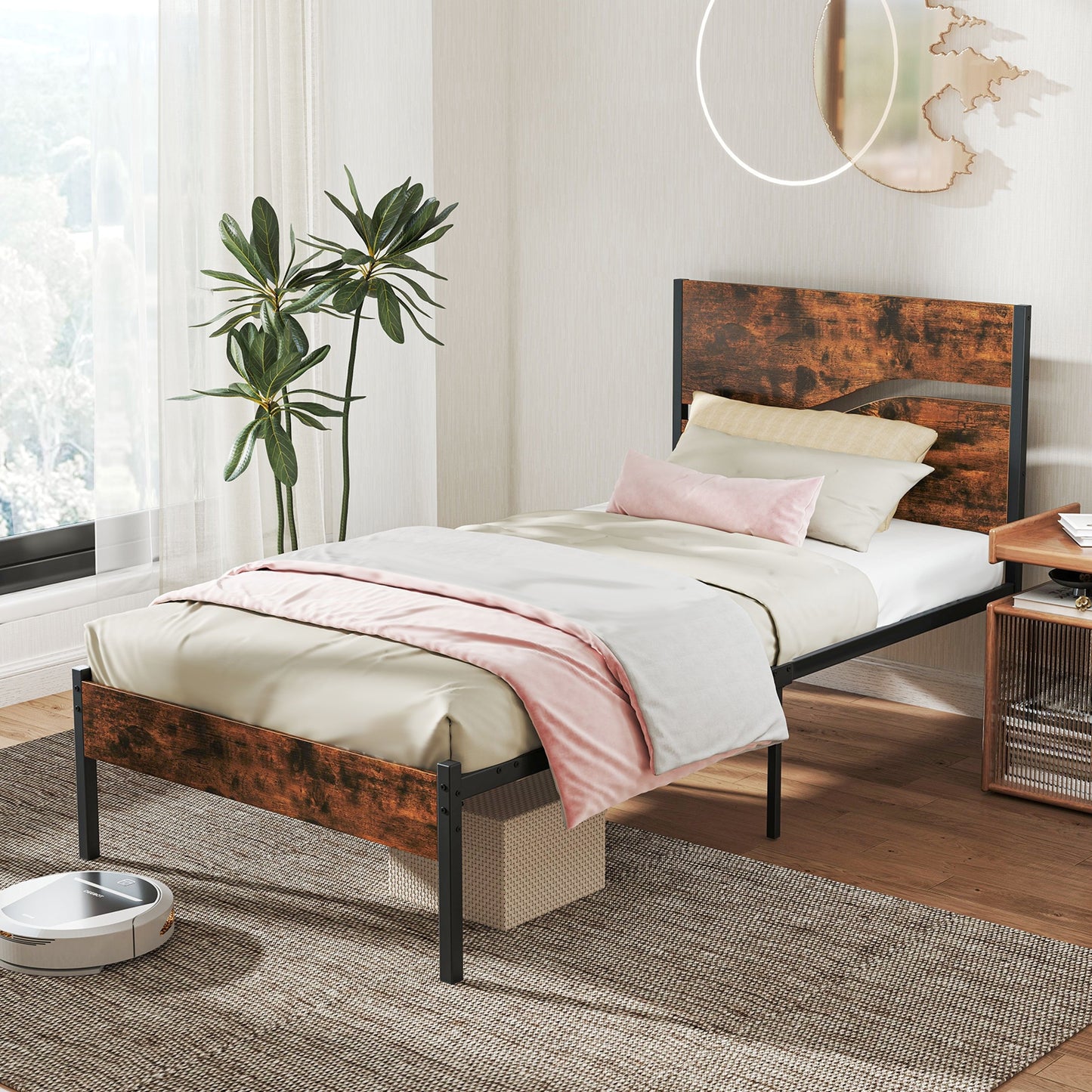 Modern Industrial Bed Frame with Sturdy Metal Slats and Wood Accents, Twin Size