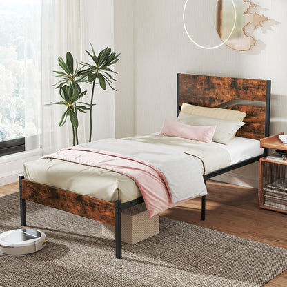 Modern Industrial Bed Frame with Sturdy Metal Slats and Wood Accents, Twin Size