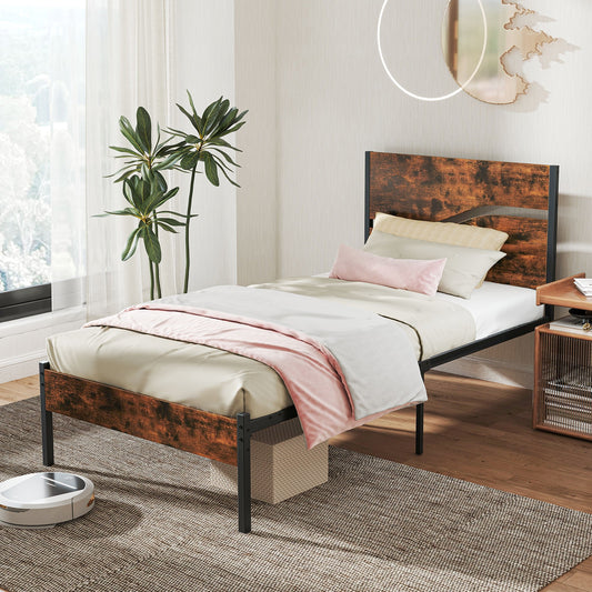 Modern Industrial Bed Frame with Sturdy Metal Slats and Wood Accents, Twin Size