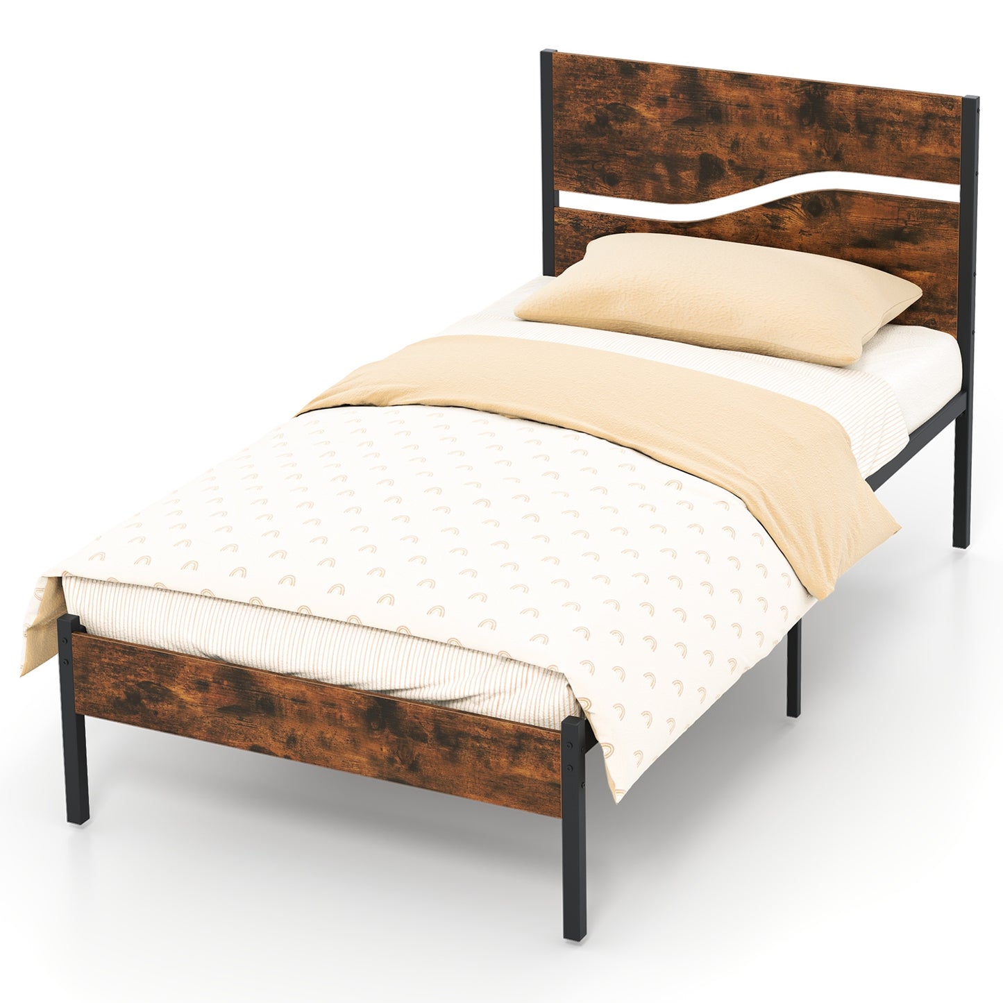 Modern Industrial Bed Frame with Sturdy Metal Slats and Wood Accents, Twin Size