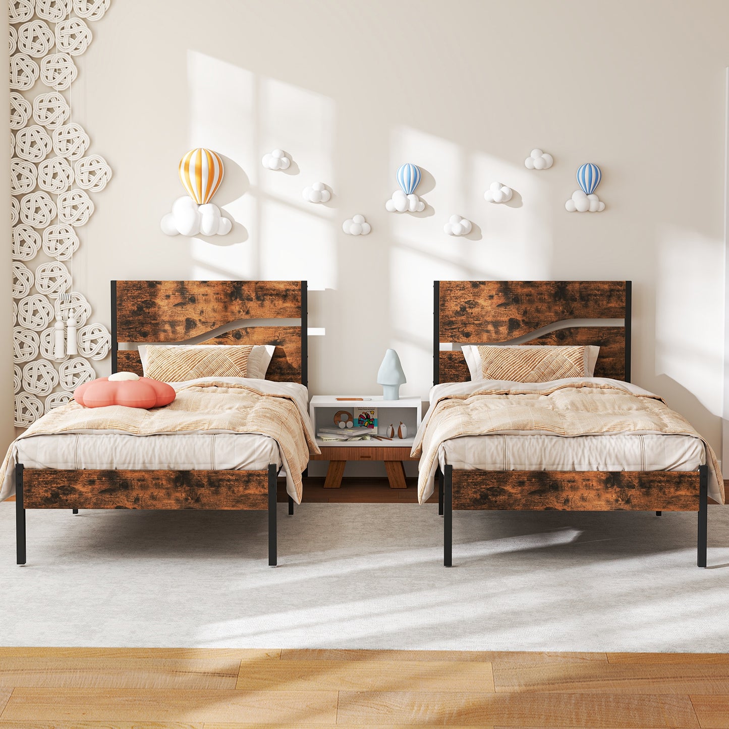Modern Industrial Bed Frame with Sturdy Metal Slats and Wood Accents, Twin Size