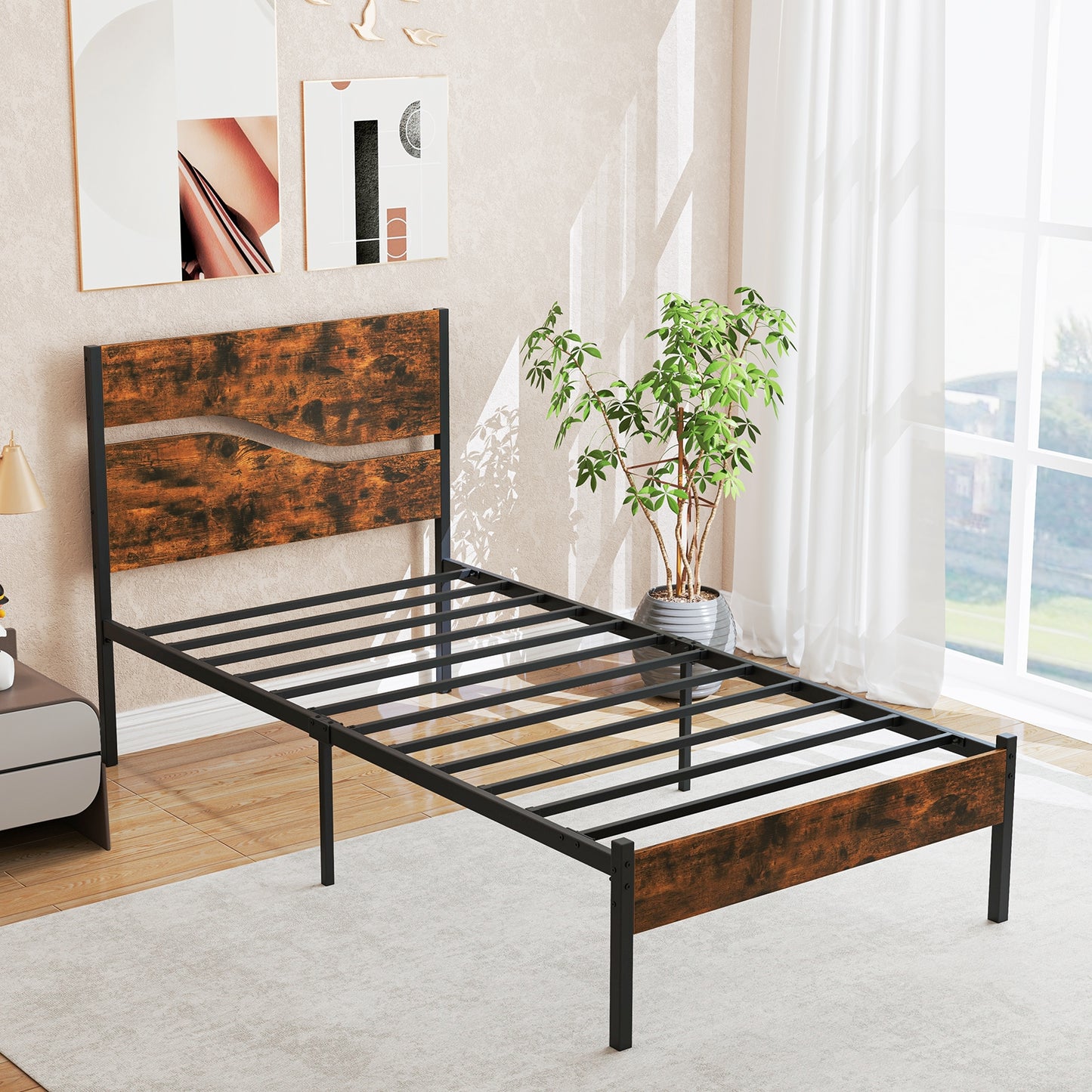 Modern Industrial Bed Frame with Sturdy Metal Slats and Wood Accents, Twin Size