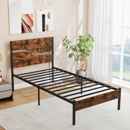 Modern Industrial Bed Frame with Sturdy Metal Slats and Wood Accents, Twin Size