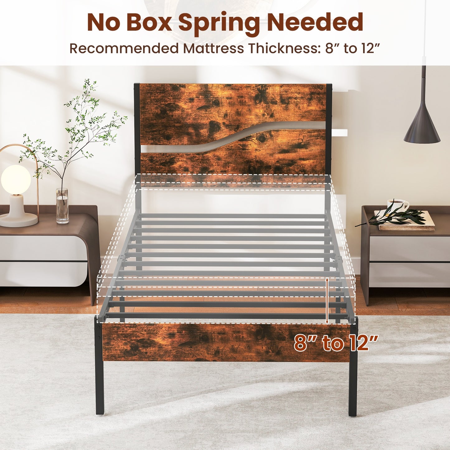 Modern Industrial Bed Frame with Sturdy Metal Slats and Wood Accents, Twin Size