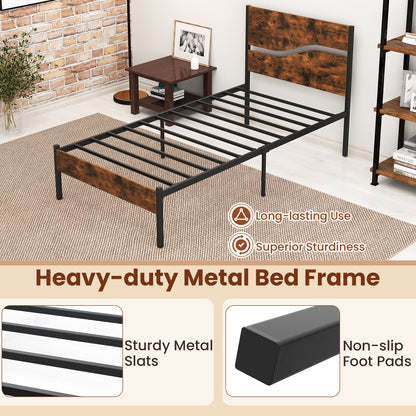 Modern Industrial Bed Frame with Sturdy Metal Slats and Wood Accents, Twin Size