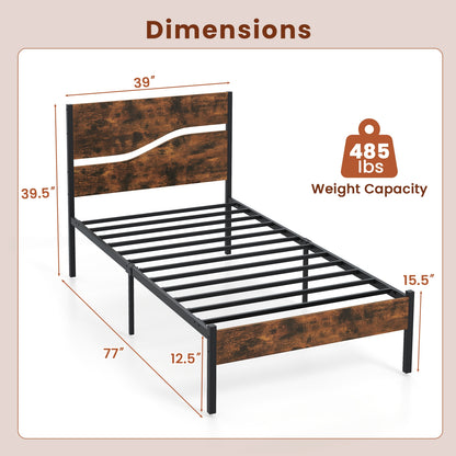 Modern Industrial Bed Frame with Sturdy Metal Slats and Wood Accents, Twin Size