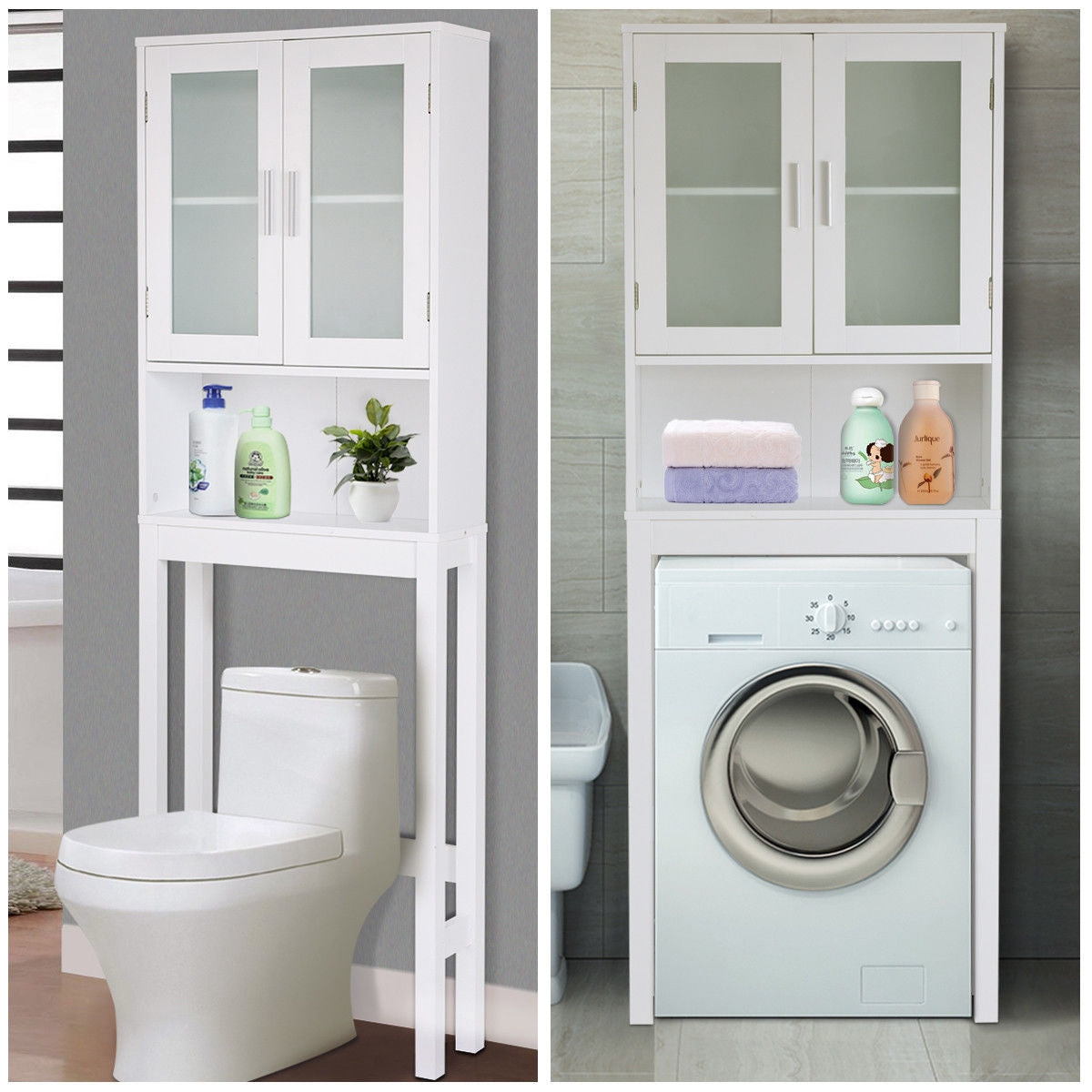 Over-the-Toilet Wooden Storage Cabinet with Tower Rack
